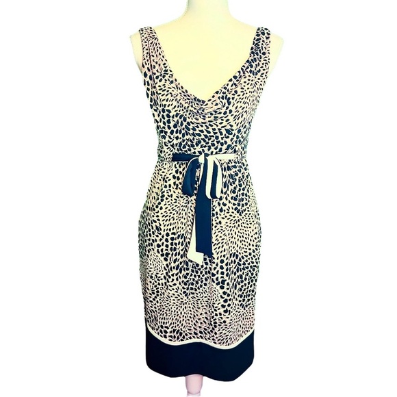 BCBGMaxAzria Taupe, White, Black Floral Print Jersey Knit Belted Cowl Neck Dress - Picture 1 of 12